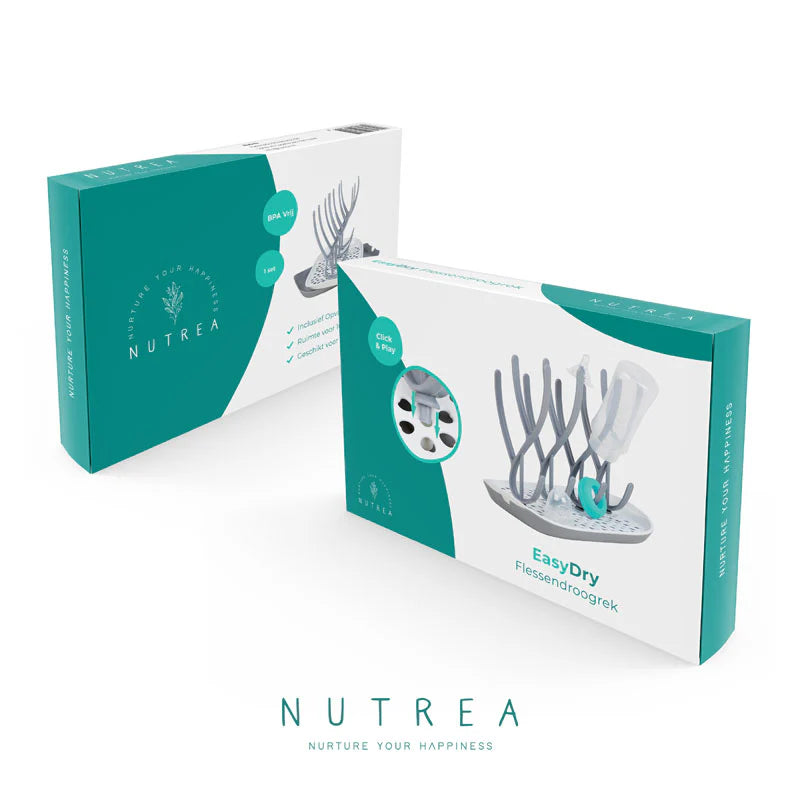 Nutrea EasyDry – Flessen Droogrek Baby – Afdruiprek Babyfles – Droogrek voor Flessen – Inclusief Lekbak – Grijs/Wit