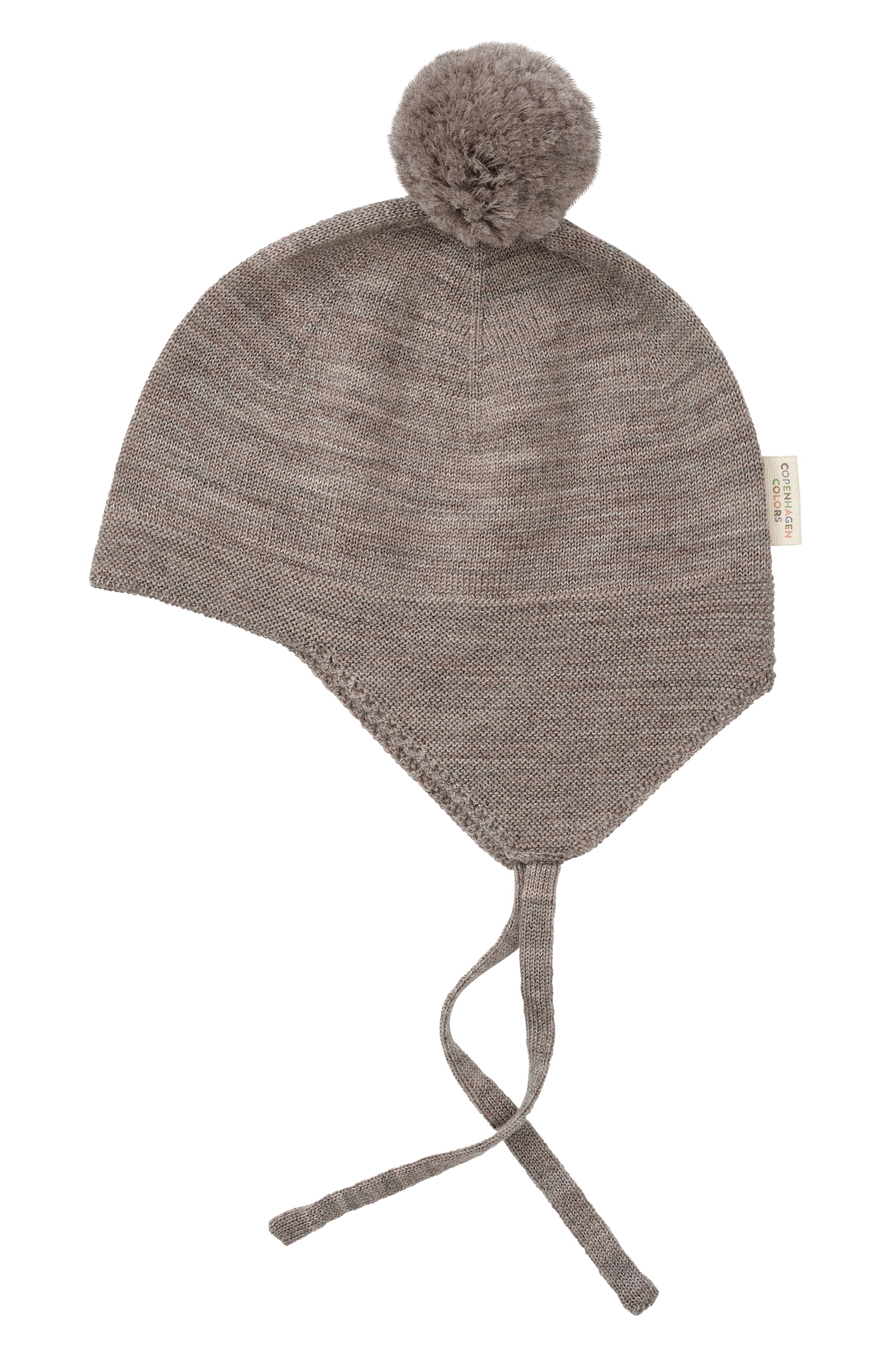Merino wol knitted baby bonnet met pompom - Natural Melange