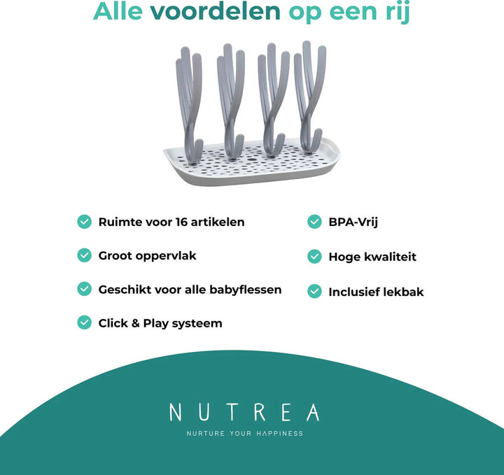 Nutrea EasyDry – Flessen Droogrek Baby – Afdruiprek Babyfles – Droogrek voor Flessen – Inclusief Lekbak – Grijs/Wit